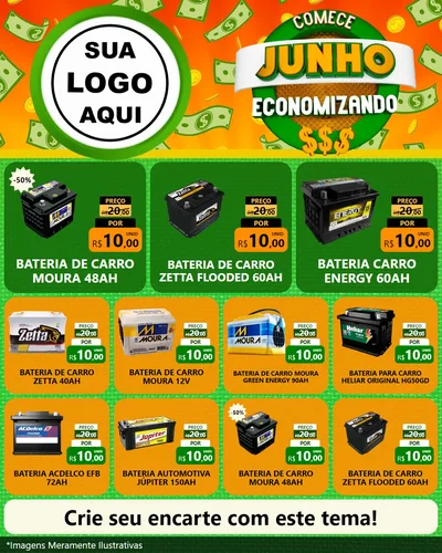 Modelo de Rede Social para Feed Instagram com o tema Comece Junho Economizando para Baterias Elétricas