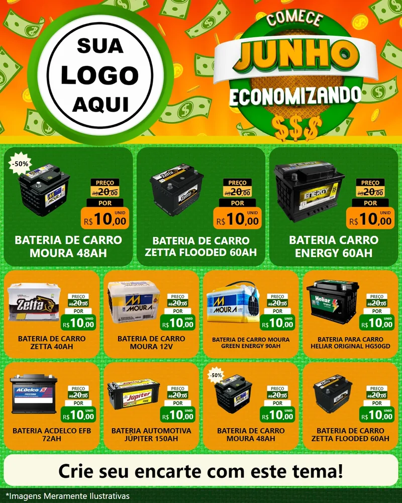 Modelo de Rede Social para Feed Instagram com o tema Comece Junho Economizando para Baterias Elétricas