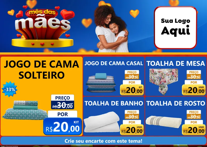 Modelo de Encarte para Encarte A4 Horizontal com o tema Mês das Mães para Cama, Mesa e Banho