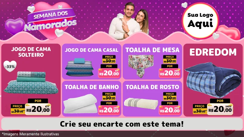 Modelo de TV para TV Horizontal com o tema Semana dos Namorados para Cama, Mesa e Banho