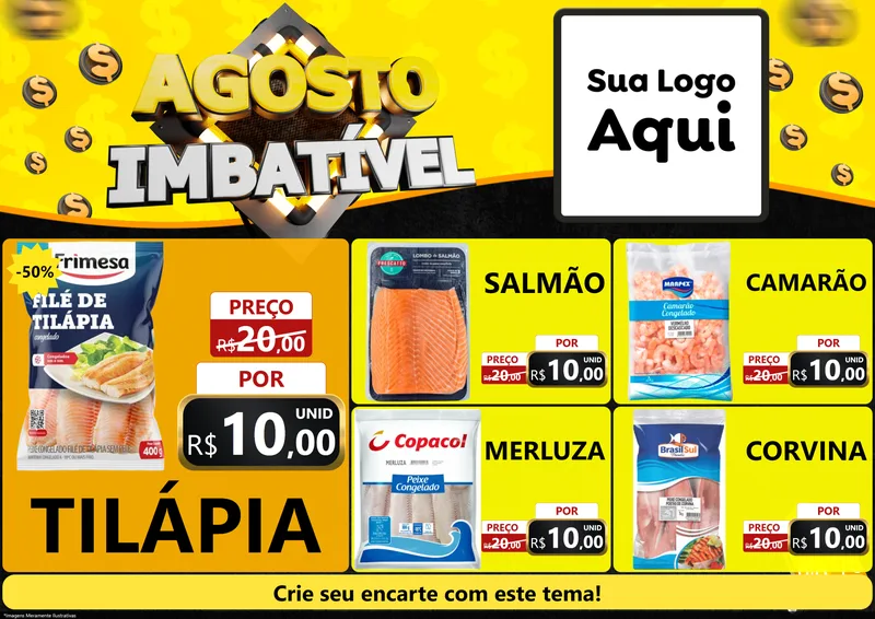 Modelo de Encarte para Encarte A4 Horizontal com o tema Agosto Imbatível para Peixaria