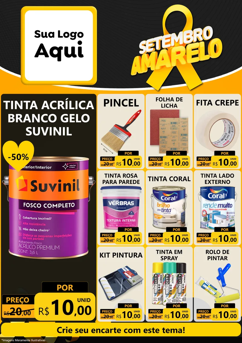 Modelo de Encarte para Encarte A4 Vertical com o tema Setembro Amarelo para Tintas e Ferramentas
