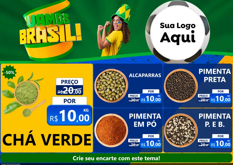 Modelo de Encarte para Encarte A4 Horizontal com o tema Vamos Brasil - Copa para Produtos Naturais