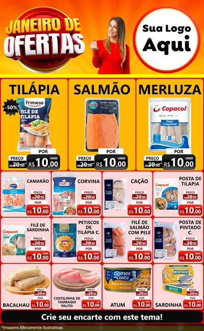 Modelo de Encarte para Encarte Grande com o tema Janeiro de Ofertas para Peixaria