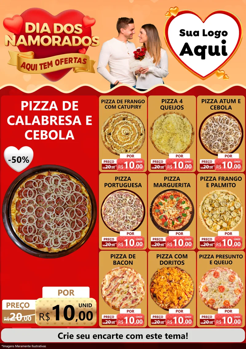 Modelo de Encarte para Encarte A4 Vertical com o tema Dia dos Namorados - Aqui Tem Ofertas para Pizzaria