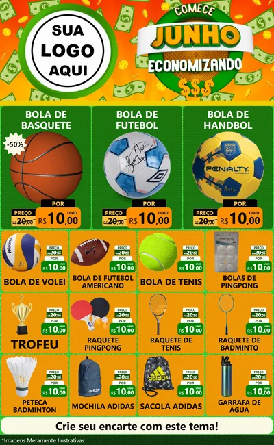 Modelo de Encarte para Encarte Grande com o tema Comece Junho Economizando para Artigos Esportivos