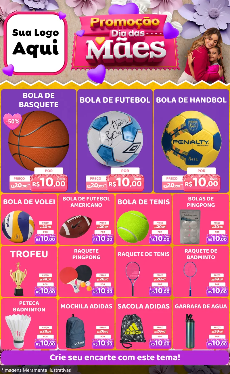 Modelo de Encarte para Encarte Grande com o tema Promoção Dia das Mães para Artigos Esportivos