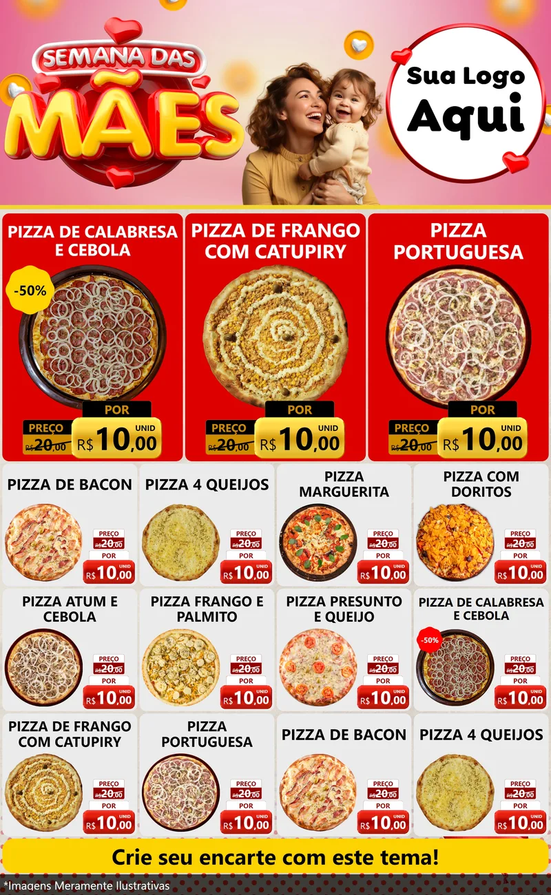 Modelo de Encarte para Encarte Grande com o tema Semana das Mães para Pizzaria