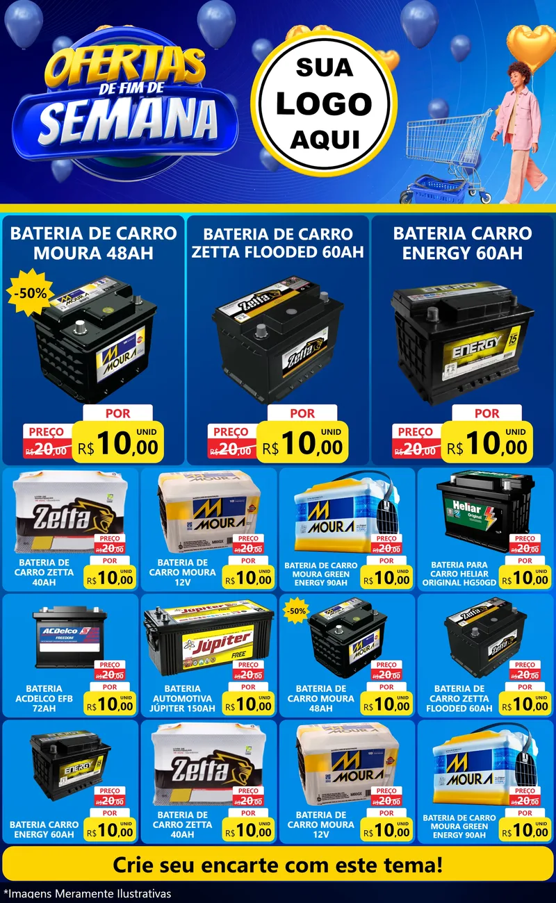 Modelo de Encarte para Encarte Grande com o tema Ofertas de Fim de Semana para Baterias Elétricas