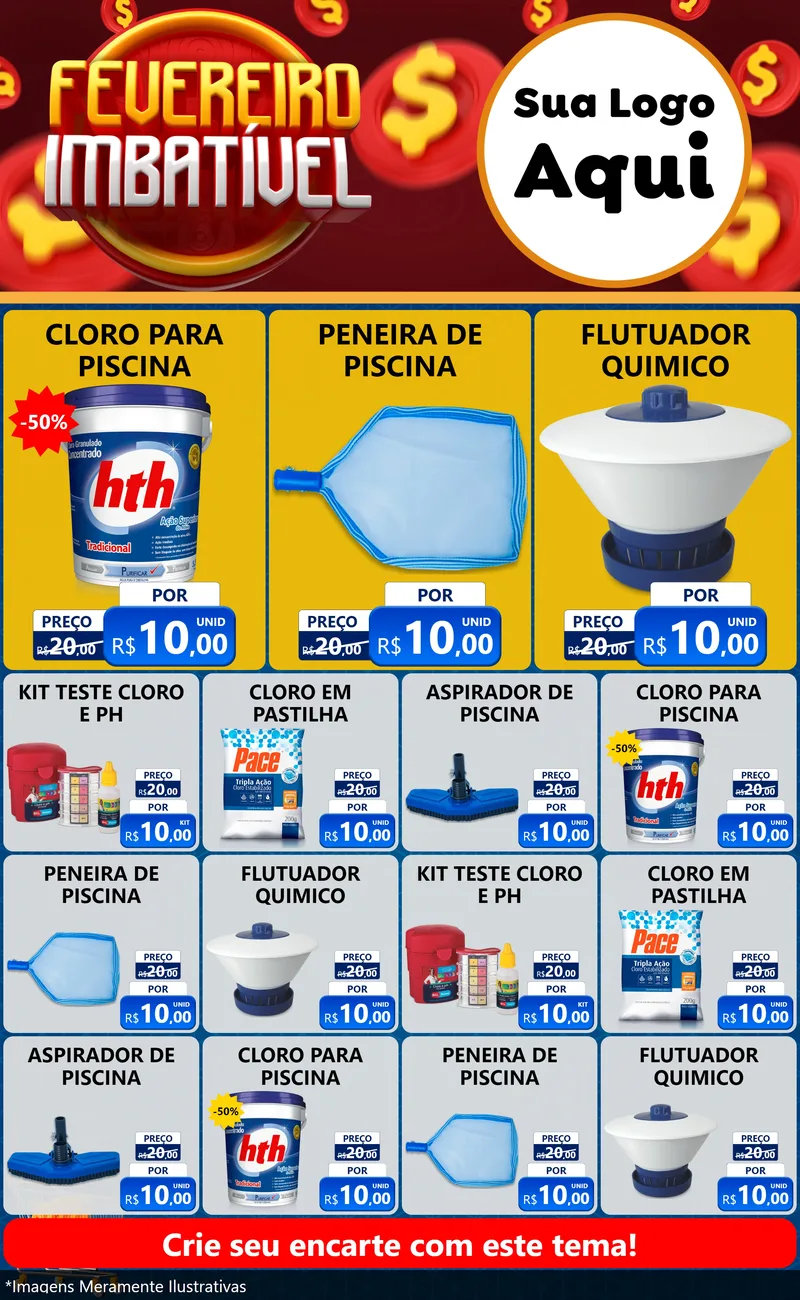 Modelo de Encarte para Encarte Grande com o tema Fevereiro Imbatível para Produtos para Piscina