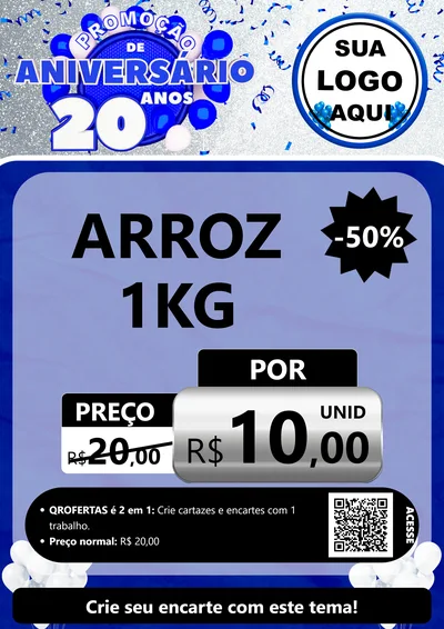 Modelo de Cartaz para Cartaz A4 Vertical com o tema Promoção de Aniversário - 20 Anos para Supermercado