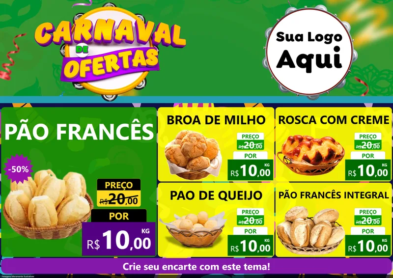Modelo de Encarte para Encarte A4 Horizontal com o tema Carnaval de Ofertas para Padaria