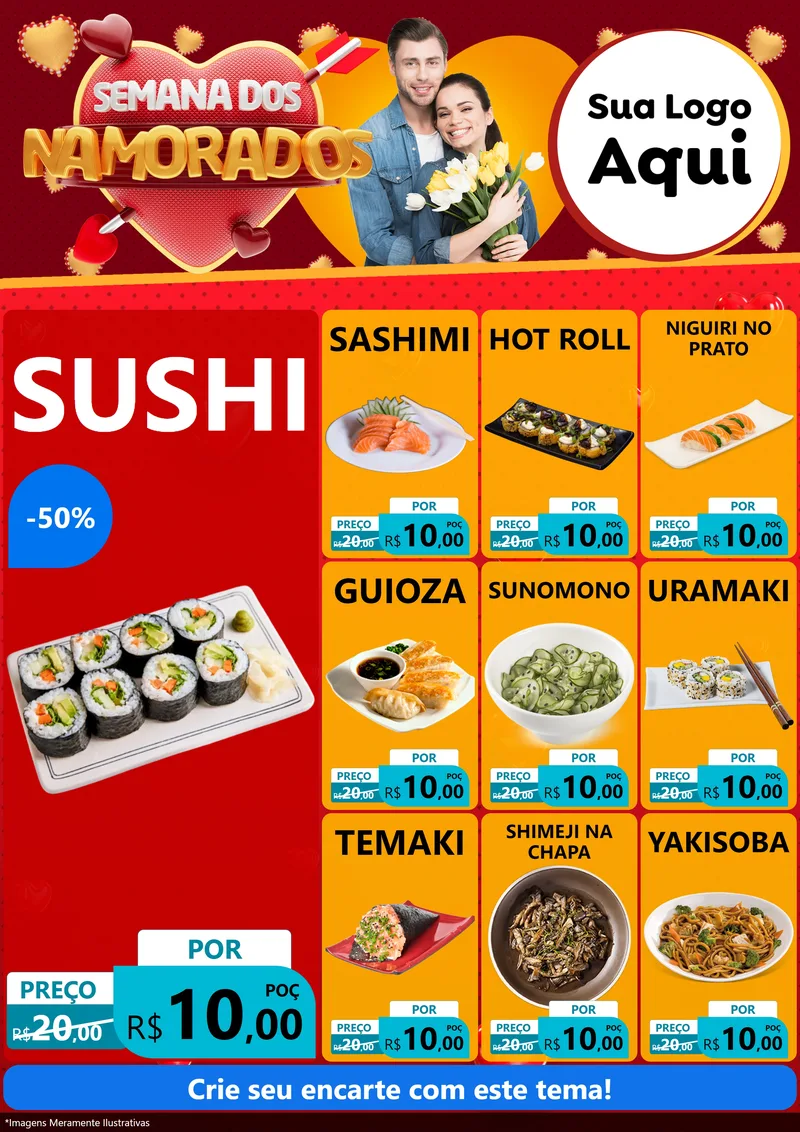 Modelo de Encarte para Encarte A4 Vertical com o tema Semana dos Namorados para Comida japonesa