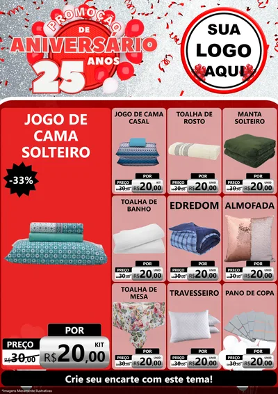 Modelo de Encarte para Encarte A4 Vertical com o tema Promoção de Aniversário - 25Anos para Cama, Mesa e Banho