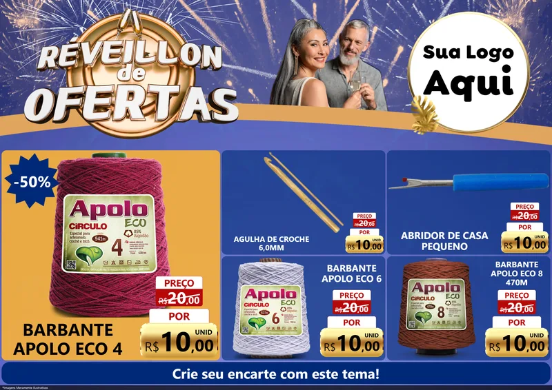Modelo de Encarte para Encarte A4 Horizontal com o tema Réveillon de Ofertas para Armarinho e Aviamentos
