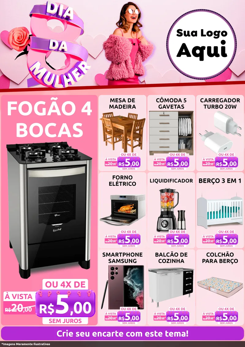 Modelo de Encarte para Encarte A4 Vertical com o tema Dia da Mulher para Móveis e Eletro