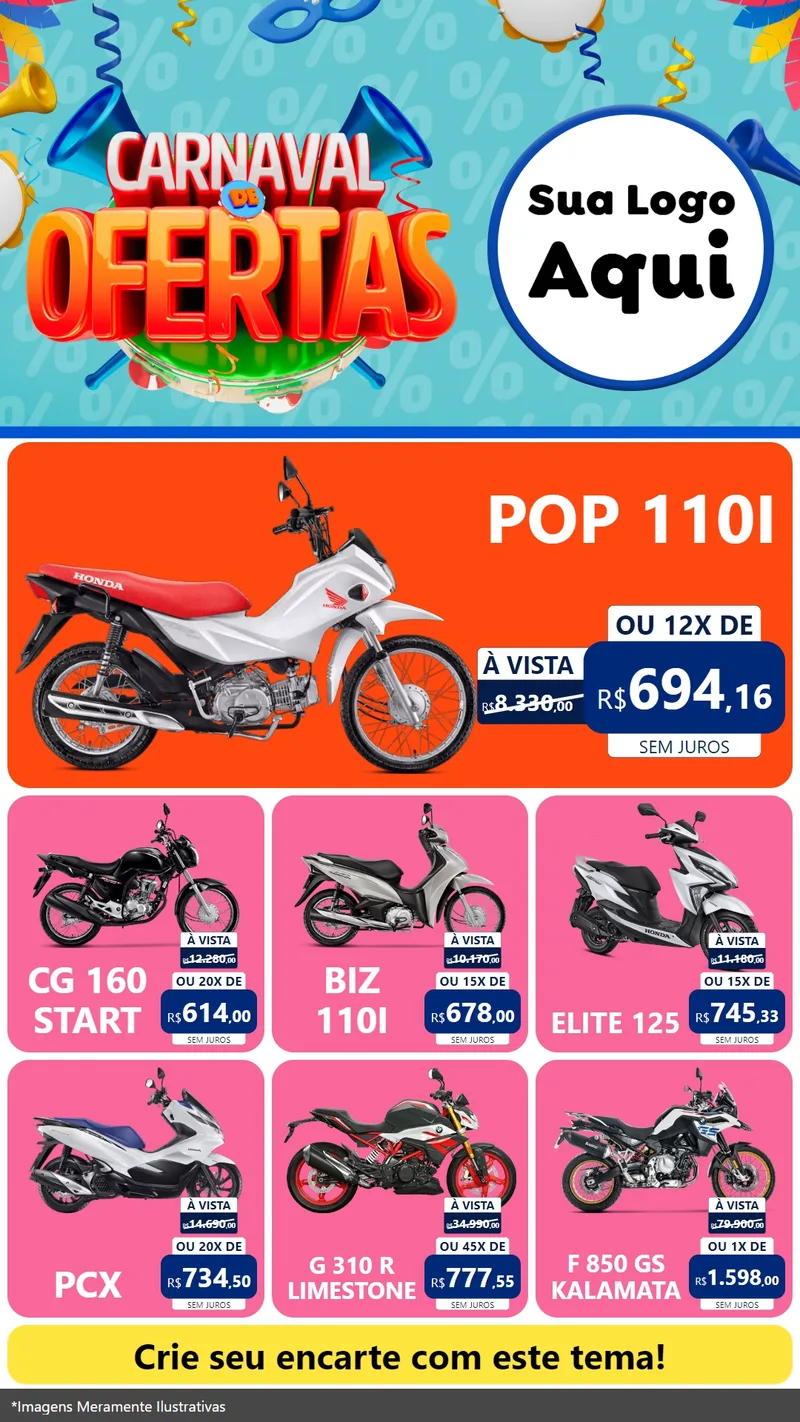 Modelo de Rede Social para Stories com o tema Carnaval de Ofertas para Concessionaria de Motos