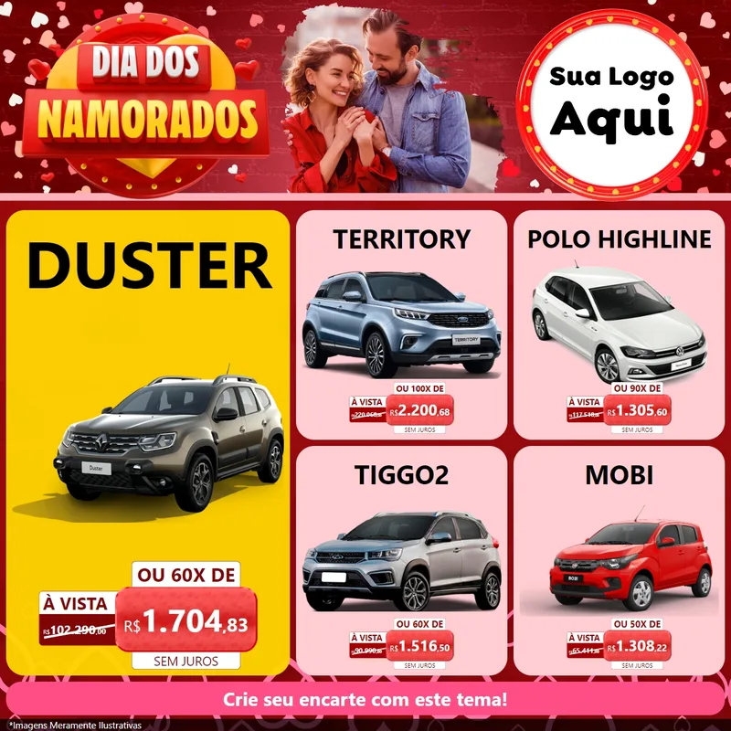 Modelo de Rede Social para Feed Facebook com o tema Dia Dos Namorados para Concessionaria de Carros