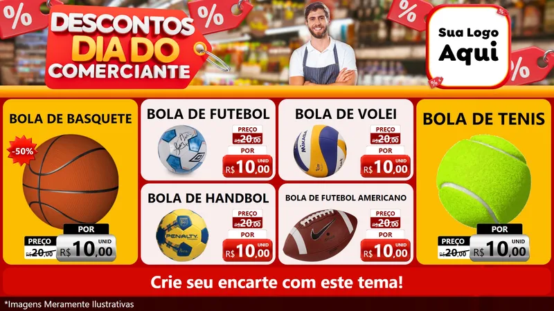 Modelo de TV para TV Horizontal com o tema Descontos Dia do Comerciante para Artigos Esportivos