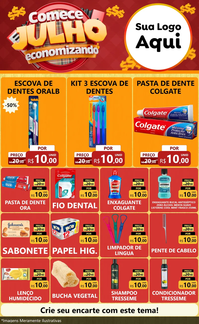 Modelo de Encarte para Encarte Grande com o tema Comece Julho Economizando para Higiene Pessoal