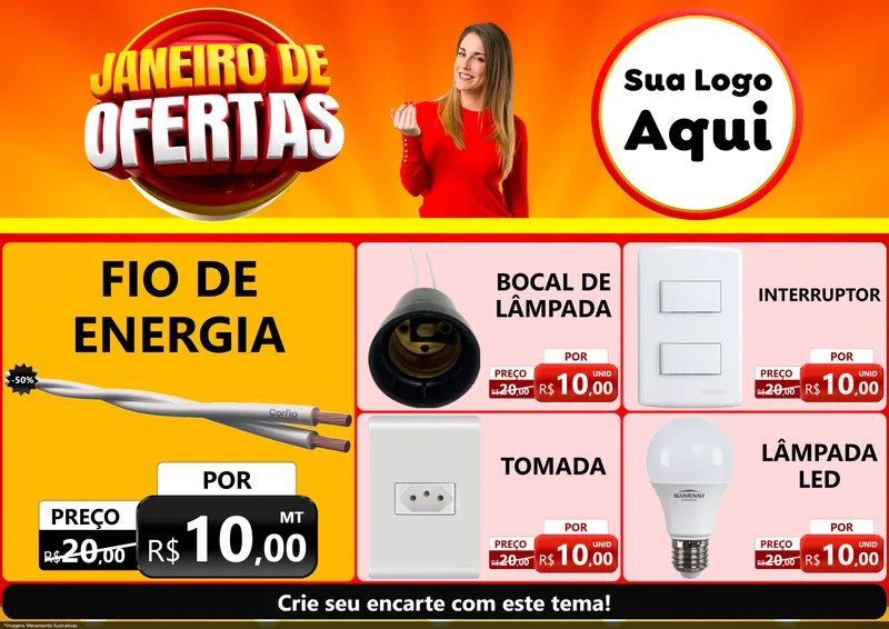 Modelo de Encarte para Encarte A4 Horizontal com o tema Janeiro de Ofertas para Materiais Elétricos