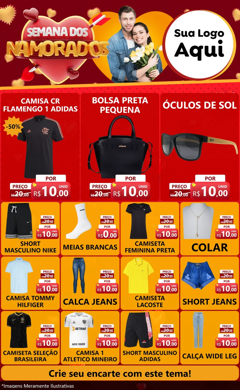 Modelo de Encarte para Encarte Grande com o tema Semana dos Namorados para Roupas e acessórios