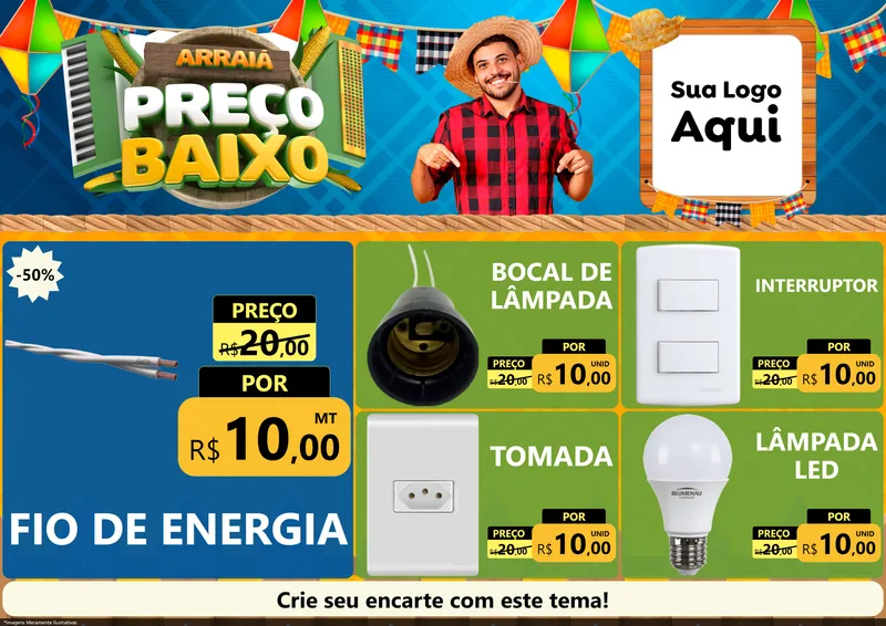 Modelo de Encarte para Encarte A4 Horizontal com o tema Arraiá de Preço Baixo - Junina para Materiais Elétricos