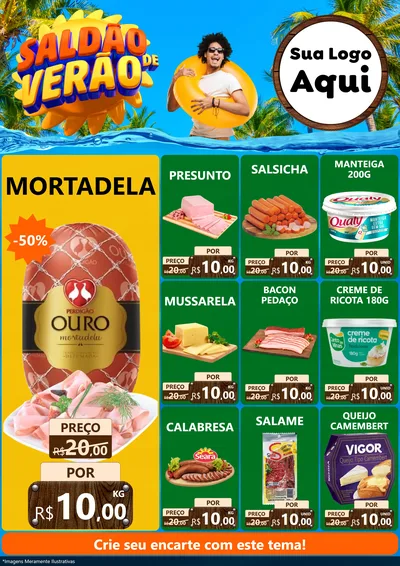 Modelo de Encarte para Encarte A4 Vertical com o tema Saldão de Verão para Frios e Laticínios