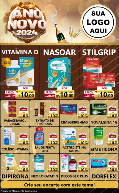 Modelo de Encarte para Encarte Grande com o tema Feliz Ano Novo 2027 para Farmácia