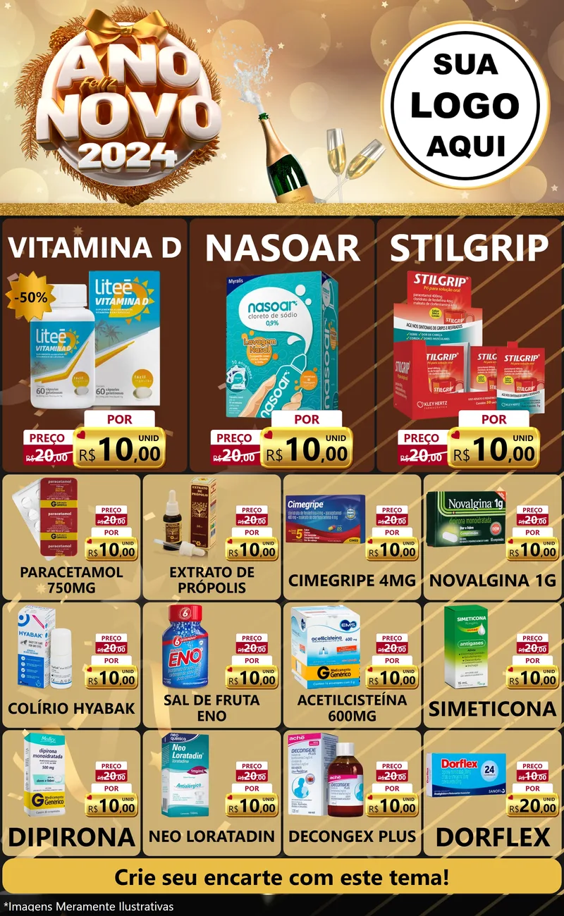 Modelo de Encarte para Encarte Grande com o tema Feliz Ano Novo 2027 para Farmácia