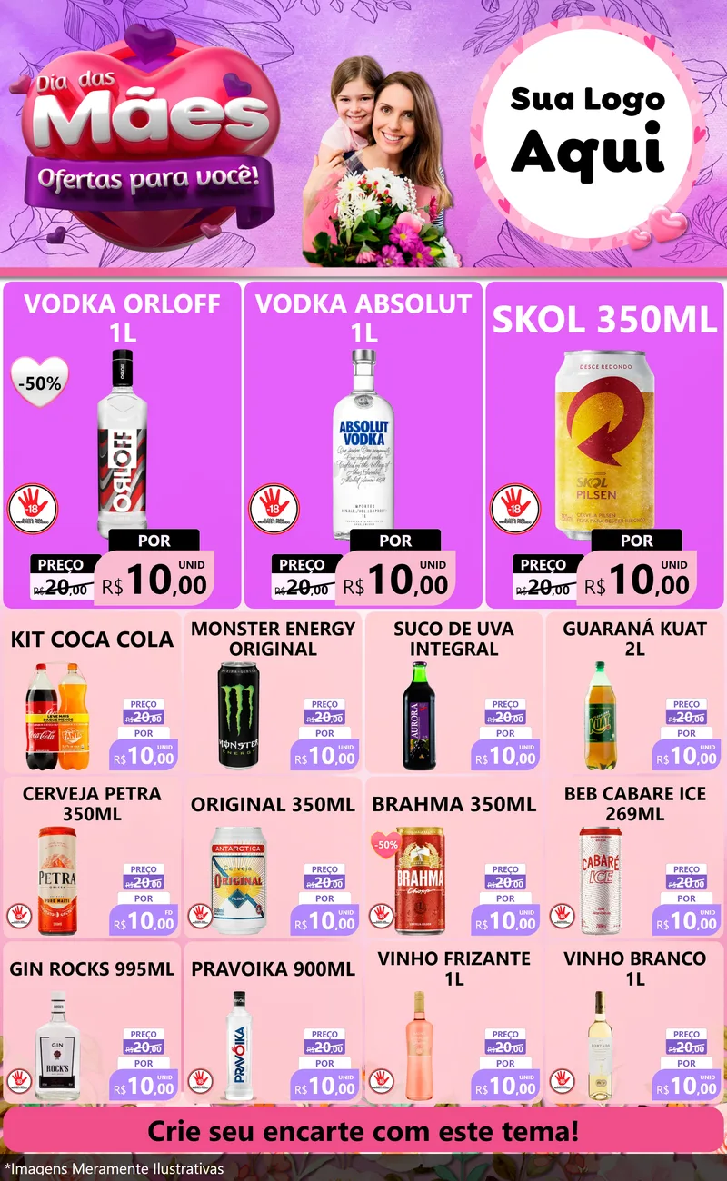Modelo de Encarte para Encarte Grande com o tema Dia das Mães Ofertas para Você! para Distribuidora de bebidas
