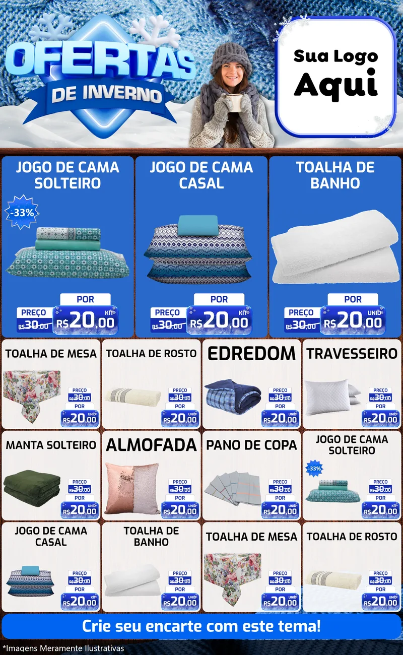 Modelo de Encarte para Encarte Grande com o tema Ofertas de Inverno para Cama, Mesa e Banho
