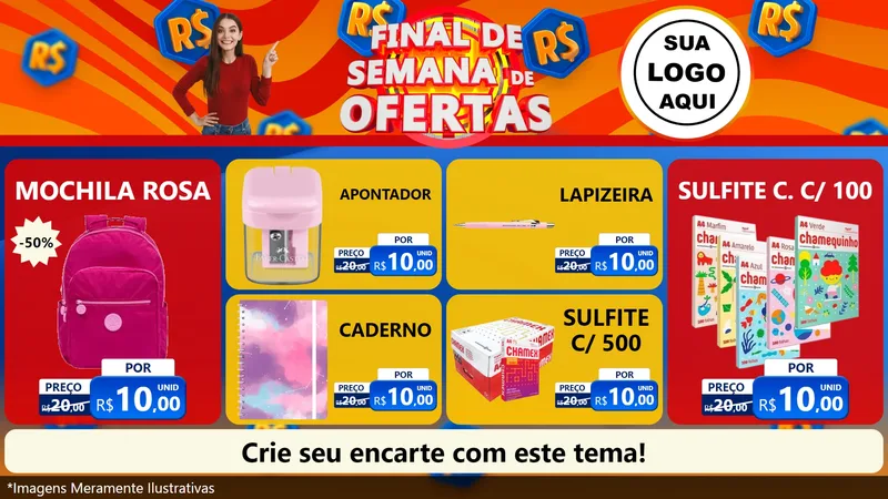 Modelo de TV para TV Horizontal com o tema Final de Semana de Ofertas para Papelaria