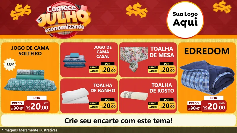 Modelo de TV para TV Horizontal com o tema Comece Julho Economizando para Cama, Mesa e Banho