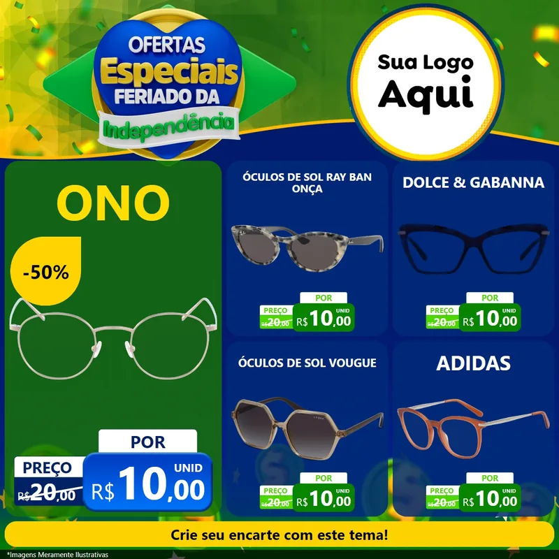 Modelo de Rede Social para Feed Facebook com o tema Ofertas Especiais Feriado da Independência para Óticas