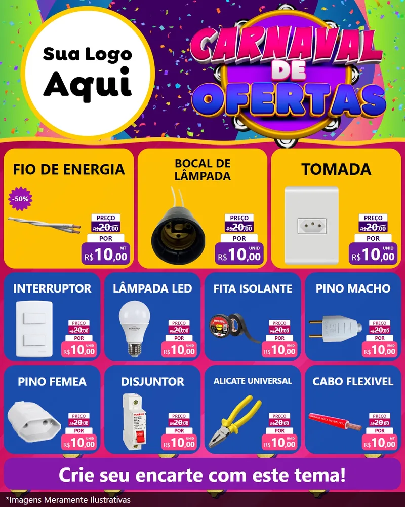 Modelo de Rede Social para Feed Instagram com o tema Carnaval de Ofertas para Materiais Elétricos