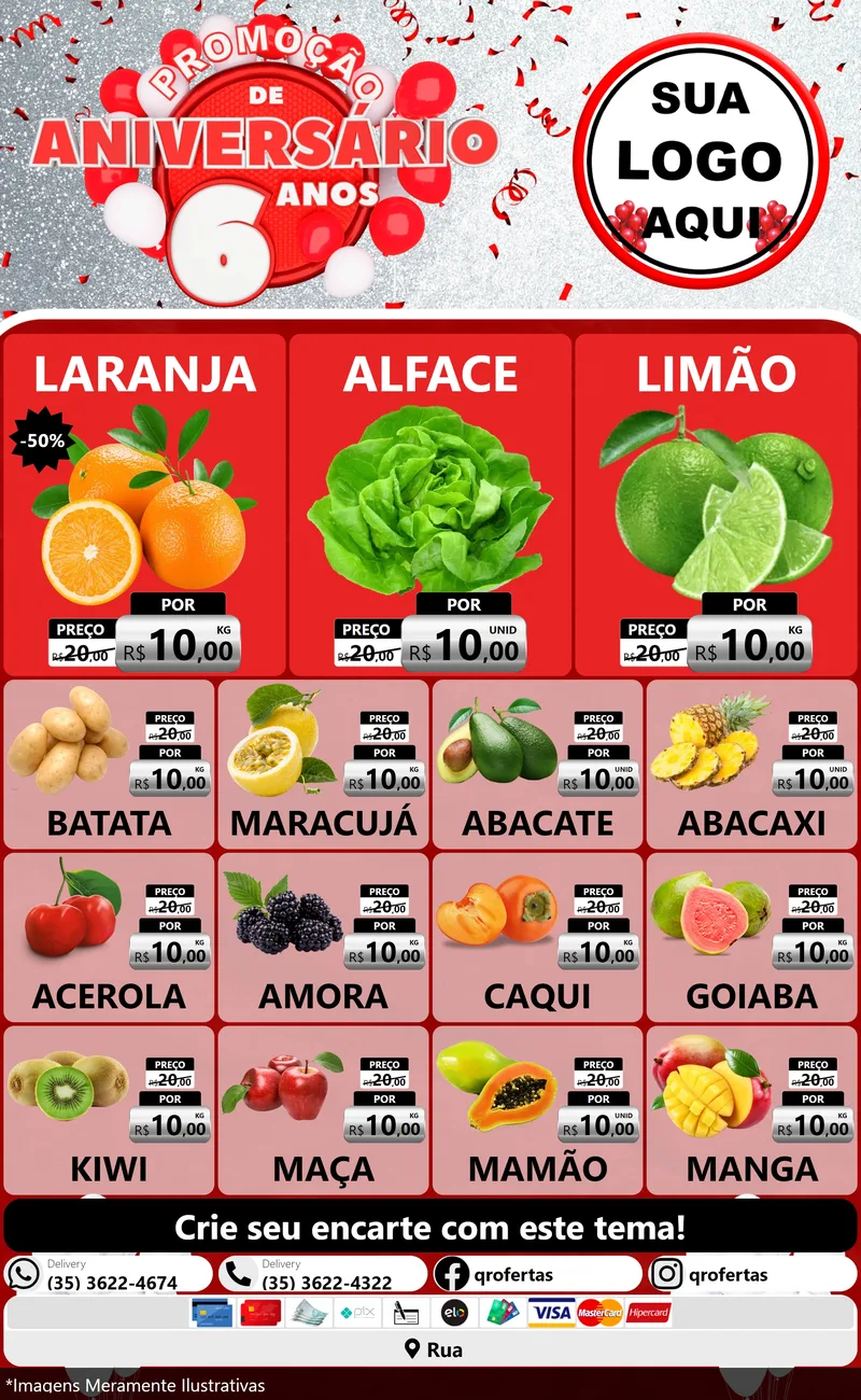 Modelo de Encarte para Encarte Grande com o tema Promoção de Aniversário - 6 Anos para Hortifrúti