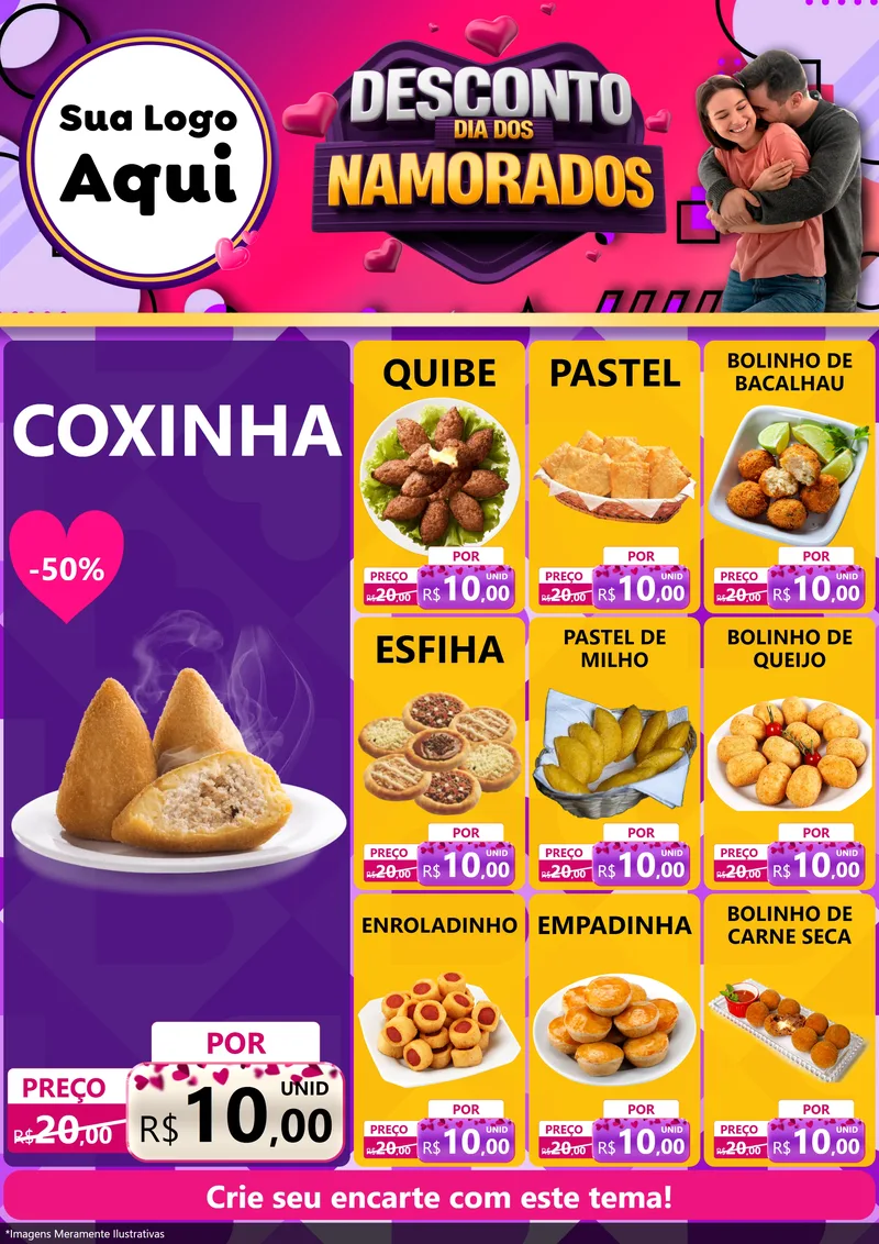 Modelo de Encarte para Encarte A4 Vertical com o tema Desconto Dia dos Namorados para Salgadaria
