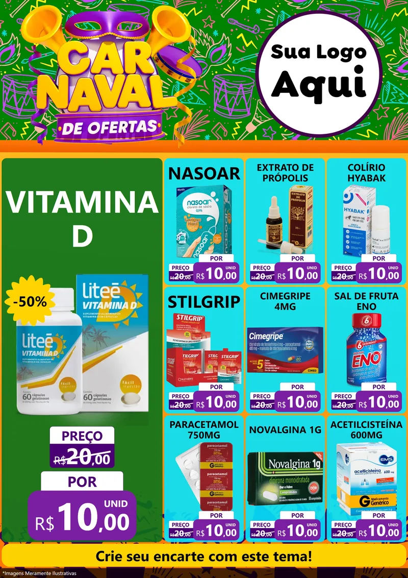 Modelo de Encarte para Encarte A4 Vertical com o tema Carnaval de Ofertas para Farmácia