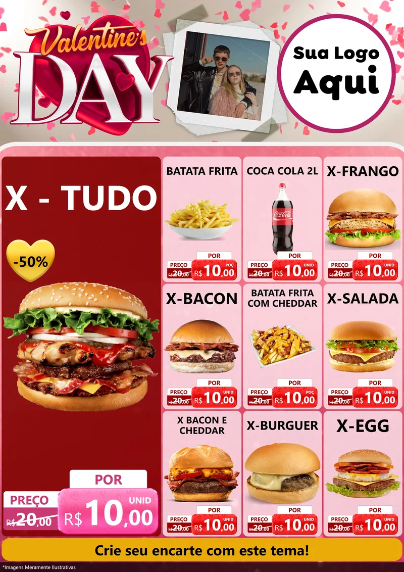 Modelo de Encarte para Encarte A4 Vertical com o tema Valentine's Day para Hamburgueria
