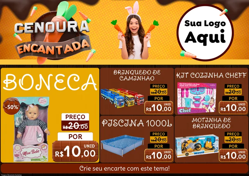 Modelo de Encarte para Encarte A4 Horizontal com o tema Cenoura Encantada - Páscoa para Brinquedos