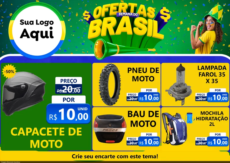Modelo de Encarte para Encarte A4 Horizontal com o tema Ofertas Semana do Brasil para Moto peças