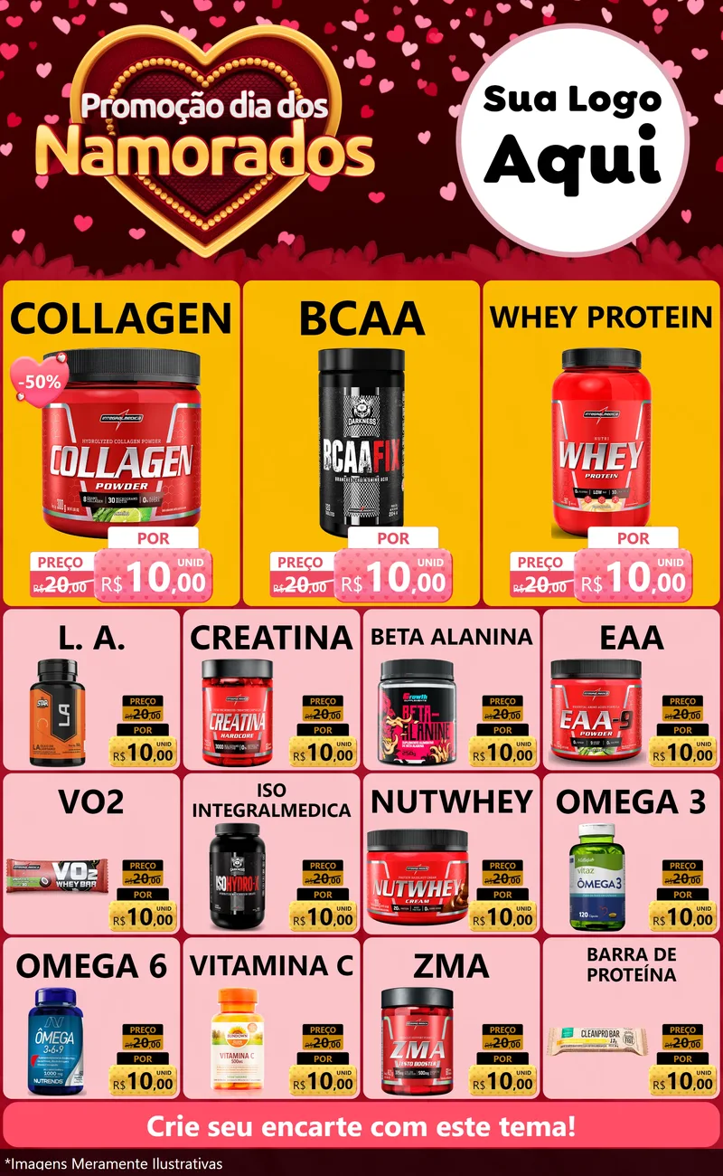 Modelo de Encarte para Encarte Grande com o tema Promoção Dia Dos Namorados para Suplementos alimentares