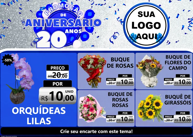 Modelo de Encarte para Encarte A4 Horizontal com o tema Promoção de Aniversário - 20 Anos para Floricultura e jardim