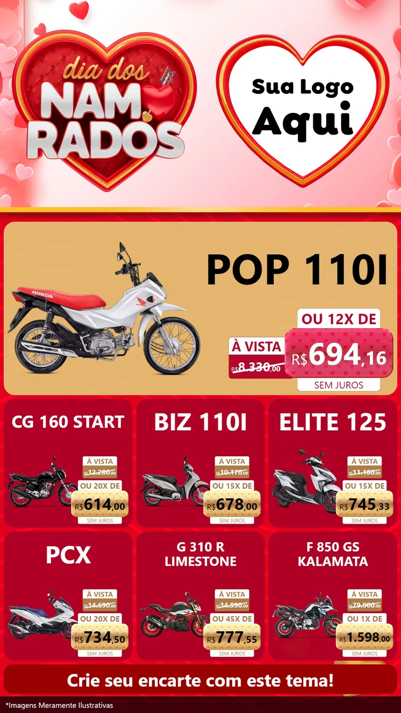 Modelo de Rede Social para Stories com o tema Dia dos Namorados para Concessionaria de Motos