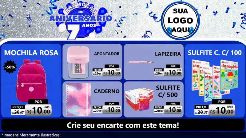Modelo de TV para TV Horizontal com o tema Promoção de Aniversário - 7 Anos para Papelaria