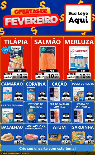 Modelo de Encarte para Encarte Grande com o tema Ofertas de Fevereiro para Peixaria