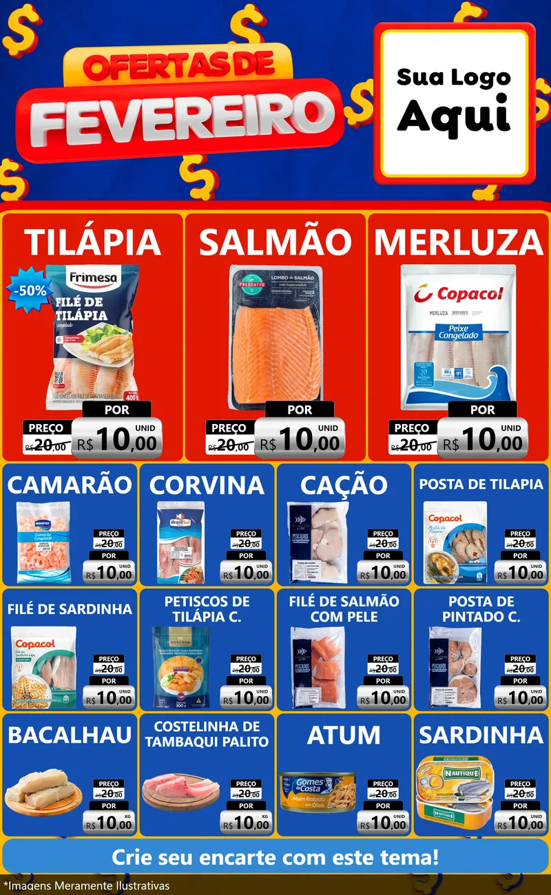 Modelo de Encarte para Encarte Grande com o tema Ofertas de Fevereiro para Peixaria