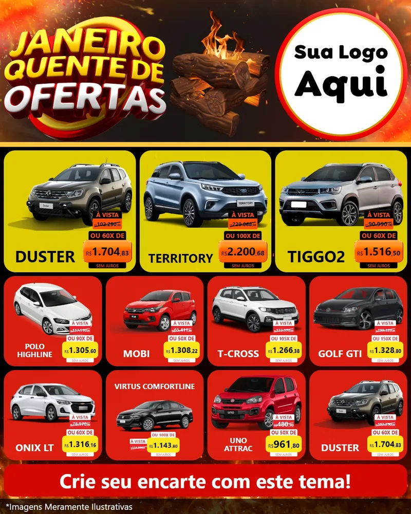 Modelo de Rede Social para Feed Instagram com o tema Janeiro Quente de Ofertas para Concessionaria de Carros