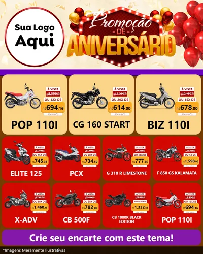 Modelo de Rede Social para Feed Instagram com o tema Promoção de Aniversário para Concessionaria de Motos